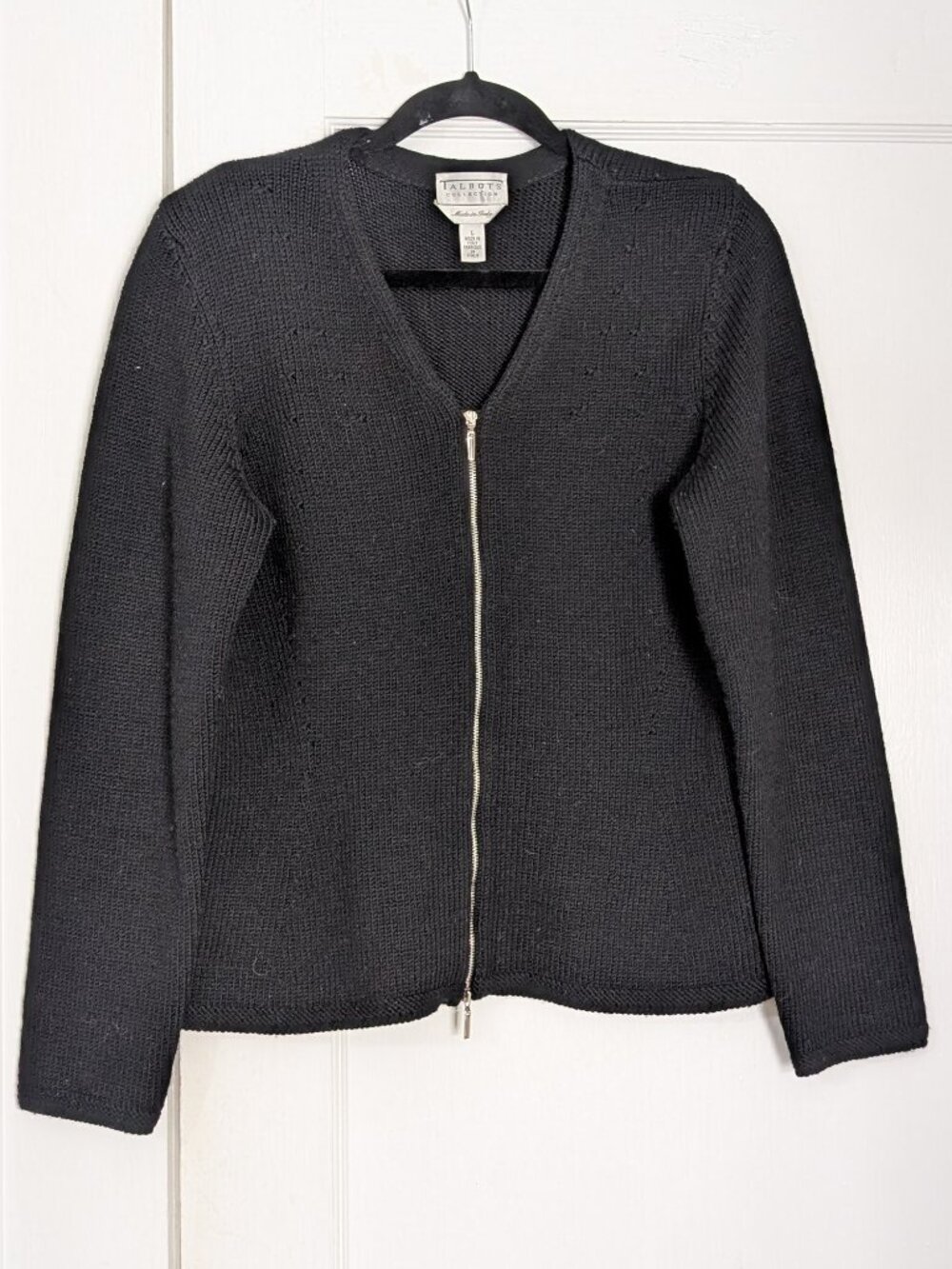 Talbots Merino Wool Zip Cardigan Black Knit Made In Italy Women's Large Luxury